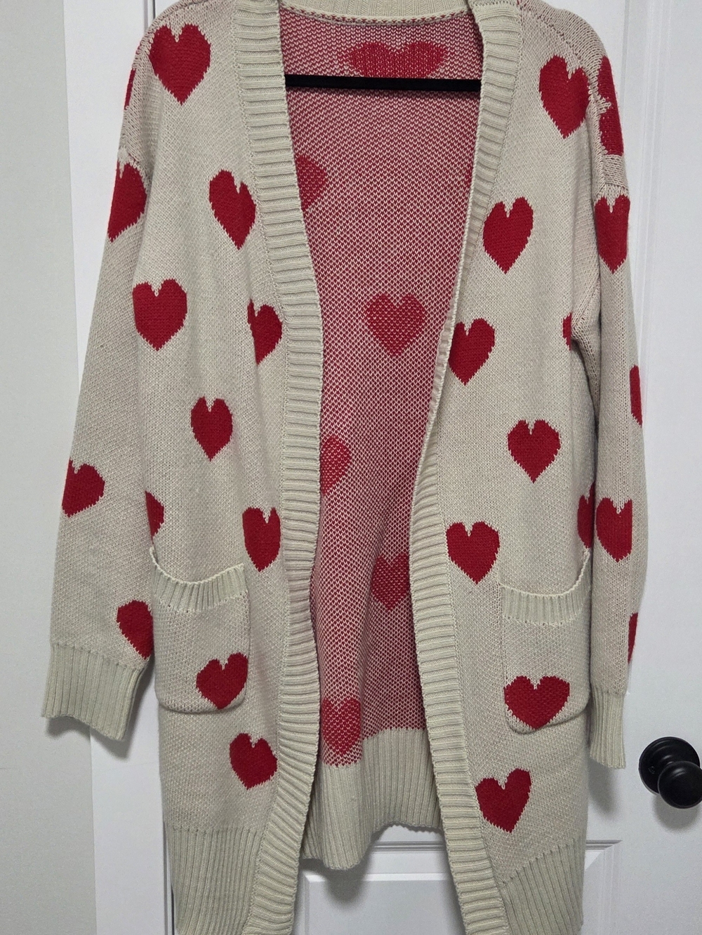 Women's Cream Cardigan Sweater with Red Heart Pattern